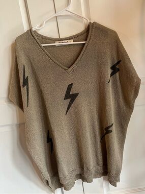 Three Bird Nest Olive Taupe Knit Top with lighting bolt detail